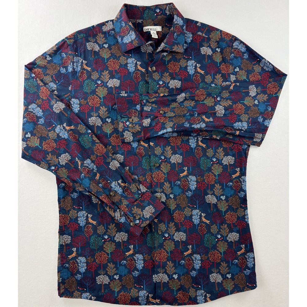 Bar III Men's Medium Navy Forest Print Slim Fit Organic Cotton Shirt